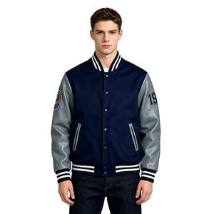Chaqueta Varsity Azul Marino para Hombre, Mangas Grises de Poliéster/Algodón, Cierre de Cremallera, Cuello Alto Transpirable, Abrigo Preppy de Invierno - Product Image 1