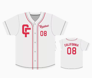 เสื้อเบสบอลแคลิฟอร์เนียสีขาวแดง CF 08 พิมพ์ลายสกรีนแขนสั้นผู้ชายทรงปกติเสื้อผ้าสำหรับทุกฤดูกาล - Product Image 1