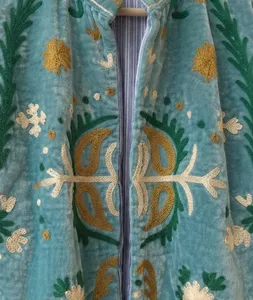 Bohemian Sky Blue Velvet Floral Embroidered Suzani Jacket Full Sleeve Stand Collar Handmade <b>Spring</b> <b>Women's</b> <b>Coat</b> - Product Image 3