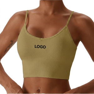 Women Ribbed Spaghetti Strap <b>Sports</b> <b>Bra</b> Scoop Neck Medium Support Breathable Solid <b>White</b> Fitness Top Front Logo - Product Image 2