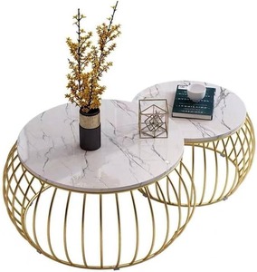 Metal With Marble Coffee <b>Table</b> Set of Two Nesting <b>Tables</b>: <b>Round</b> Wooden Top with Marble Finish for Living Room and Office-<b>White</b> G - Product Image 4
