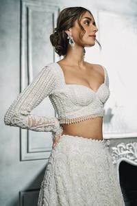 White Net Embroidered Lehenga Choli <b>Wedding</b> Dress Long Sleeve Crop <b>Top</b> A-line Maxi Dress Bride Party Wear - Product Image 6