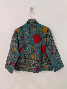 Handmade Teal Cotton Floral <b>Embroidered</b> Suzani <b>Jacket</b> With Floral Pattern Full Sleeve Stand Collar Bohemian <b>Women</b> Winter Coat - Product Image 5