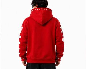 Sweat-shirt à capuche surdimensionné rouge pour homme, broderie de logo WSI en strass, streetwear, polaire, 100% coton, vêtements d'hiver - Product Image 6