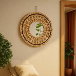 High Quality Rattan <b>Round</b> <b>Mirror</b> Framed <b>Mirror</b> Perfect For <b>Bathroom</b> Wall Decor And Daily Grooming Use Wholesale From India - Product Image 4