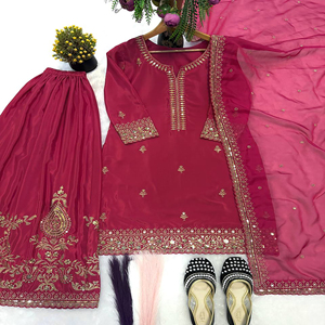 Bestselling <b>Red</b> <b>Silk</b> Top-Sharara Dupatta Set Embroidery Sequins Work Fully Stitched Ready Wear Diwali Party Wedding Dress - Product Image 1