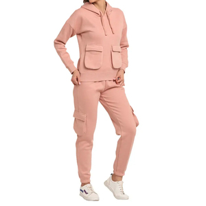 Women Beige Tracksuit <b>Set</b> Crew Neck Long Sleeve Solid Color Casual Pants With Side Pockets Elastic Waist Full Length Autumn Wear - Product Image 3