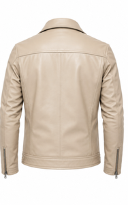 Men's Brown Leather Moto <b>Jacket</b> <b>With</b> <b>Zipper</b> Closure Turn-down Collar Belted <b>Pockets</b> - Product Image 4