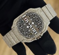 Montre de luxe unisexe en acier inoxydable avec mouvement mécanique automatique, date, style hip-hop, et cadran analogique serti de moissanite VVS pleine face