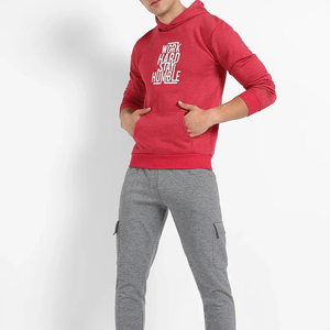 <b>Men's</b> <b>Red</b> Hooded Zip-Up <b>Sweatshirt</b> Embroidered Work Hard Stay Humble Print Regular Fit Casual Woven Cotton Pullover Front Logo - Product Image 2