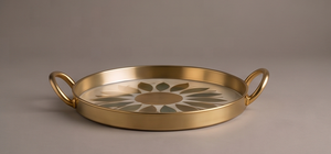 Bandeja de Servir Redonda de Metal Esmaltado de Lujo con Motivo Floral de Girasol, Dorado Mate, con Dos Asas, Plato Decorativo para Bebidas y Café - Product Image 2