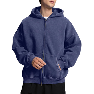 Wholesale Custom Acid Wash <b>Mens</b> Hoodie 100% Cotton Full Zipper Hooded <b>Sweatshirt</b> Soft Lightweight Casual Streetwear Factory OEM - Product Image 5