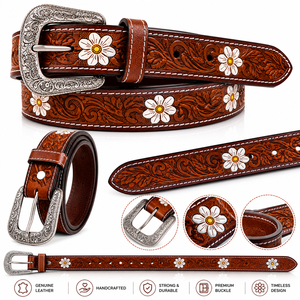 Premium Handcrafted Genuine <b>Leather</b> Belt for Men Floral <b>Tooled</b> Belt with Daisy Concho Accents - Product Image 6