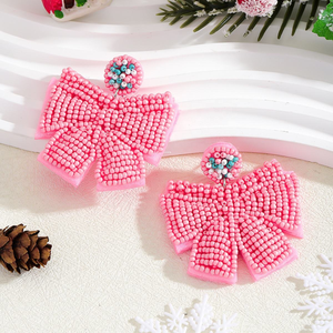 Boucles d'oreilles pendantes légères et élégantes en forme de nœud rose, faites à la main, style bohème, pour femme, idéales pour Noël, les fêtes et comme cadeau - BY MULTI CRAFT - Product Image 5