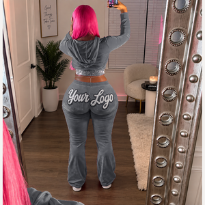 Custom Velour Two Piece Women 320 GSM Velour Cropped Hoodie Set Streetwear Brands Private Label - Product Image 4
