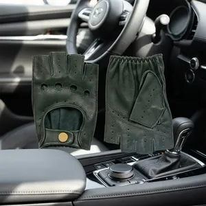 Gants de conduite unisexes mi-doigts en cuir de mouton vert compatibles écran tactile pour le cyclisme et l'équitation avec sangle de poignet et grip - Product Image 6
