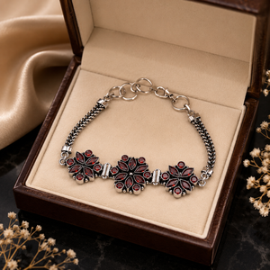 Wholesale Price Offer Antique Silver Plated Brass Beaded <b>Red</b> Cubic Zirconia Flower Cluster Trendy Women's Anniversary <b>Bracelet</b> - Product Image 3