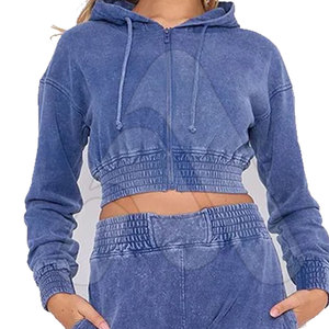 Conjunto de 2 piezas de algodón 100% para mujer: Sudadera con capucha y pantalón largo, estilo casual, lavado ácido, transpirable y ecológico. - Product Image 4