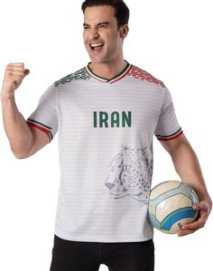 Maillot de football blanc personnalisé de l'équipe nationale d'Iran, imprimé léopard, respirant, en polyester, avec col en V brodé, design sportif - Product Image 5