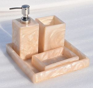 Ensemble de salle de bain en résine à motif marbré écologique, quatre pièces, plateau rectangulaire, distributeur de savon, porte-brosse à dents, décoration moderne en résine - Product Image 4