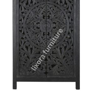 Luxury Handcrafted Solid Wood 2 Door <b>Wardrobe</b> Ornate Mandala Floral Carving Charcoal Black Armoire - Product Image 4
