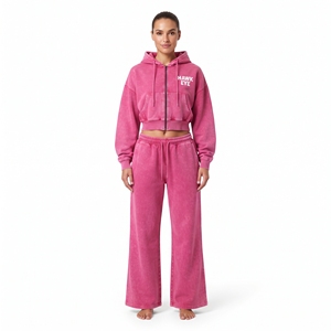 Conjunto de dos piezas para mujer: Top corto con capucha de algodón rosa y forro polar con cremallera y pantalones jogger de pierna ancha, corte regular, hombros caídos, estilo casual. - Product Image 5