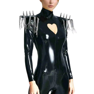 Combinaison moulante noire en PU à col roulé et manches longues pour femme, taille haute, fermeture éclair frontale, style clubwear - Product Image 3