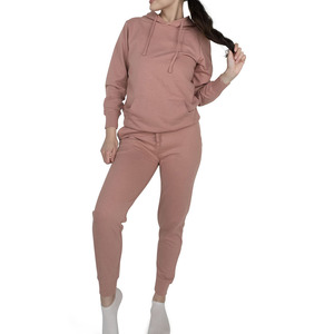 Women <b>Pink</b> Hooded <b>Tracksuit</b> Full Sleeve Solid Color Casual Sweatshirt And Pants <b>Set</b> With Side Pockets Elastic Waist Autumn Wear - Product Image 1