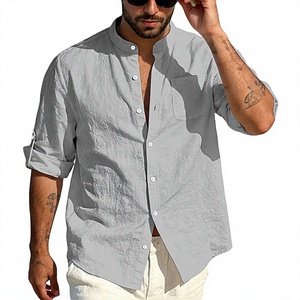 Camisa de Lino Blanca con Cuello Mandarín para Hombre, Estilo Casual, Transpirable, de Color Sólido, Manga Corta, con Botones - Product Image 5