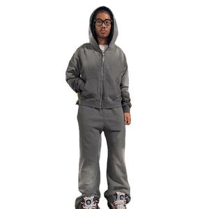 <b>Men's</b> Oversized Full Zip Hoodie <b>Pants</b> Set Acid Washed Print 100% Cotton Winter <b>Crop</b> Hoodie with Rhinestone Logo Front Located - Product Image 4