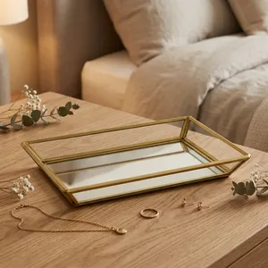 Brass Rectangular <b>Mirror</b> <b>Tray</b> with Glass Edges Modern Metal Storage for Jewelry and Cosmetics Desk Accessory - Product Image 1
