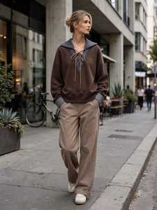 ONETEN APPARELS <b>Women's</b> Brown Lace Up Sweatshirt Denim Turn Down Collar Drop Shoulder Casual Pullover - Product Image 4