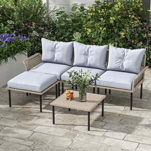Set di mobili da giardino in rattan grigio chiaro da 5 pezzi, compresi divano, chaise longue, tavolino da caffè, poggiapiedi con cuscini - Product Image 6