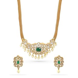 Gold Plated Alloy Necklace Earrings Headpiece Ring Set Zircon Imitation Pearl Geometric Design Vintage Women's Wedding <b>Jewelry</b> - Product Image 5