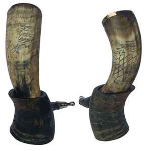 Viking Authentic 16 oz Natural <b>Drinking</b> Horn Eco-Friendly Iron <b>Stand</b> Brass Adornments Beer <b>Drinking</b> Features AL MALIK CRAFT - Product Image 1