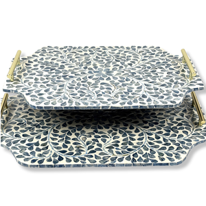 Ensemble de plateau de service rectangulaire de luxe fait à la main MDF Capiz incrustation poignées en métal en laiton doré motif de feuille élégant durable Durable - Product Image 3