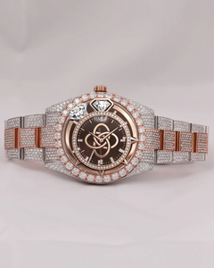 Reloj de Lujo para Hombre con Diamantes Moissanite de Dos Tonos, Oro Rosa y Plata, Correa de Acero Inoxidable, Esfera Marrón, Estilo Hip Hop - Product Image 1