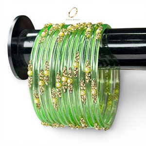 Bulk Order Indian Fashion jewelry Green Kashmiri Raindrop <b>Glass</b> Gold Plated <b>Bangles</b> Set for Women at Lowest Wholesale Price - Product Image 1
