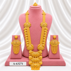 Ensemble de bijoux à motif de fleurs dorées, collier, boucles d'oreilles, bague, plaqué or 24 carats, style classique pour femmes, A-63278 - Product Image 3