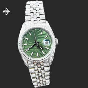 Montre de luxe pour homme, style classique élégant, en acier inoxydable 20 mm, mouvement à quartz, cadran en moissanite et diamants, verre serti de pierres, pour affaires - Product Image 3