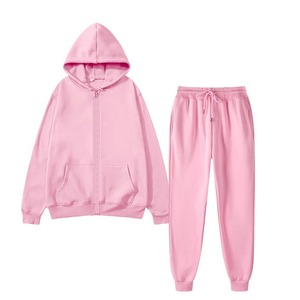 Ensemble de survêtement en molleton délavé rose à capuche pour homme, manches longues, couleur unie, décontracté, avec pantalon à fermeture éclair et cordon de serrage, coupe droite, hiver - Product Image 1