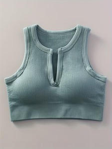 Notched Scoop <b>Neck</b> Seamless Exercise Crop Top Ribbed Underband Lift Training Bra <b>Padded</b> Wirefree Athleisure Running Vest - Product Image 2