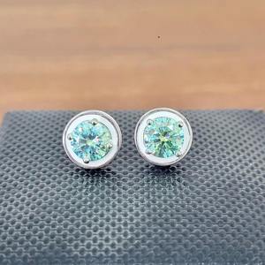 Custom Made Round Cut <b>Blue</b> Green Moissanite <b>Stud</b> In 925 Sterling Silver Color Diamond <b>Earrings</b> For Womens Fashion At Low Price - Product Image 2