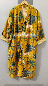 Bata tipo kimono de algodón con estampado animal amarillo para mujer, ropa de dormir informal de manga tres cuartos de longitud completa, ropa de verano - Product Image 3