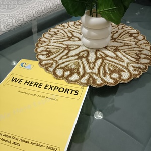 Handmade Glass <b>Beaded</b> Round Placemat Gold White Floral Traditional Eco-Friendly <b>Charger</b> <b>Plate</b> Tableware - Product Image 3