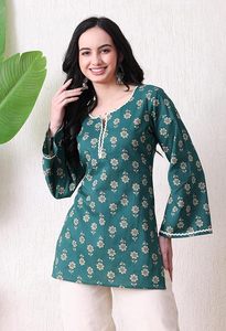 <b>Women's</b> Floral Printed Cotton Short <b>Kurta</b> | Floral Printed <b>Kurta</b> with Bell Sleeves | Short Kurti for <b>Women</b> - Product Image 2
