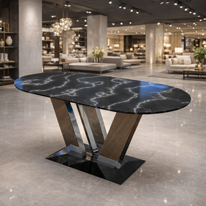 Mesa de Centro Ovalada Contemporánea de Mármol Negro con Patrón de Rayos, Base de Acero Inoxidable, Mueble de Lujo para Sala de Estar - Product Image 3