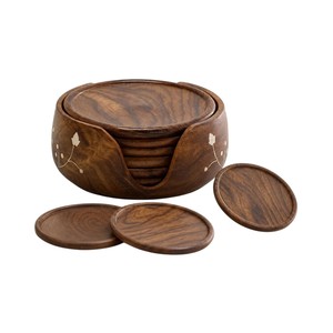 Handcrafted Floral Inlay Wood <b>Coaster</b> <b>Set</b> of 6 with Holder Round Wooden Drink <b>Coasters</b> for Coffee Table Luxury Home Decor Gift - Product Image 1