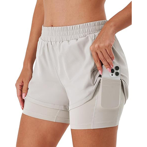 Shorts de course 2 en 1 pour femmes, couleur beige, shorts de sport fluides, polyester, séchage rapide, shorts de fitness, taille haute avec poche zippée - Product Image 2