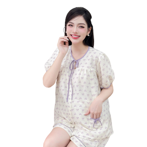 Women's <b>linen</b> home wear set with bow print B772 sweat absorbent good price - Product Image 1